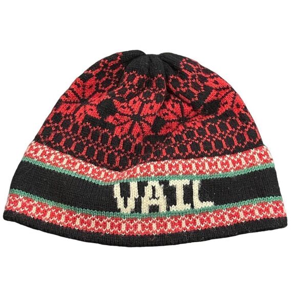 Vintage 100% Wool Ski Hat Hand Crafted STOWE Black Red White Green OS Unisex - Picture 1 of 5